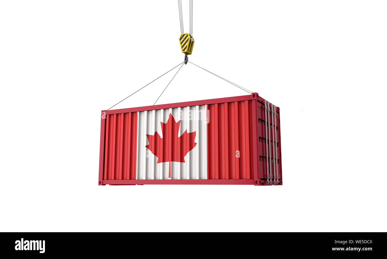 Canada flag cargo trade container hanging from a crane. 3D Render Stock Photo