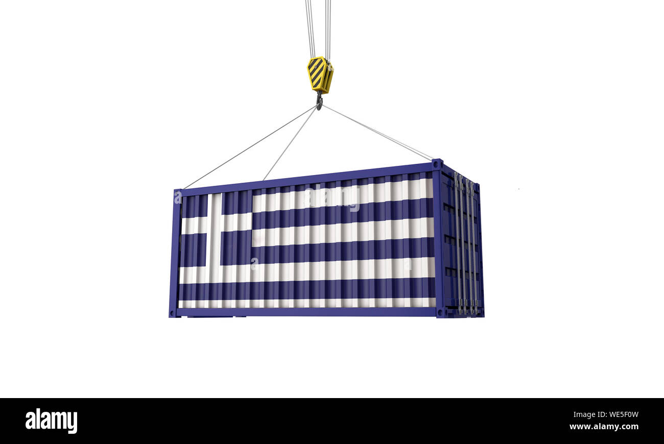 Greece flag cargo trade container hanging from a crane. 3D Render Stock Photo