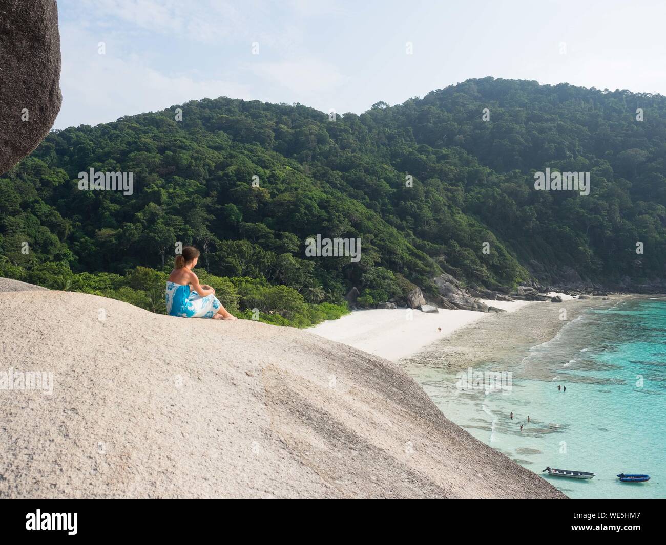 Woman Sitting On Mountain At Similan Islands Stock Photo
