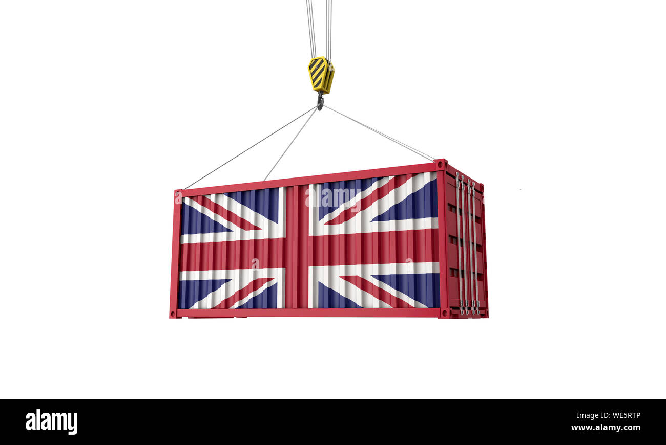 United Kingdom flag cargo trade container hanging from a crane. 3D Render Stock Photo