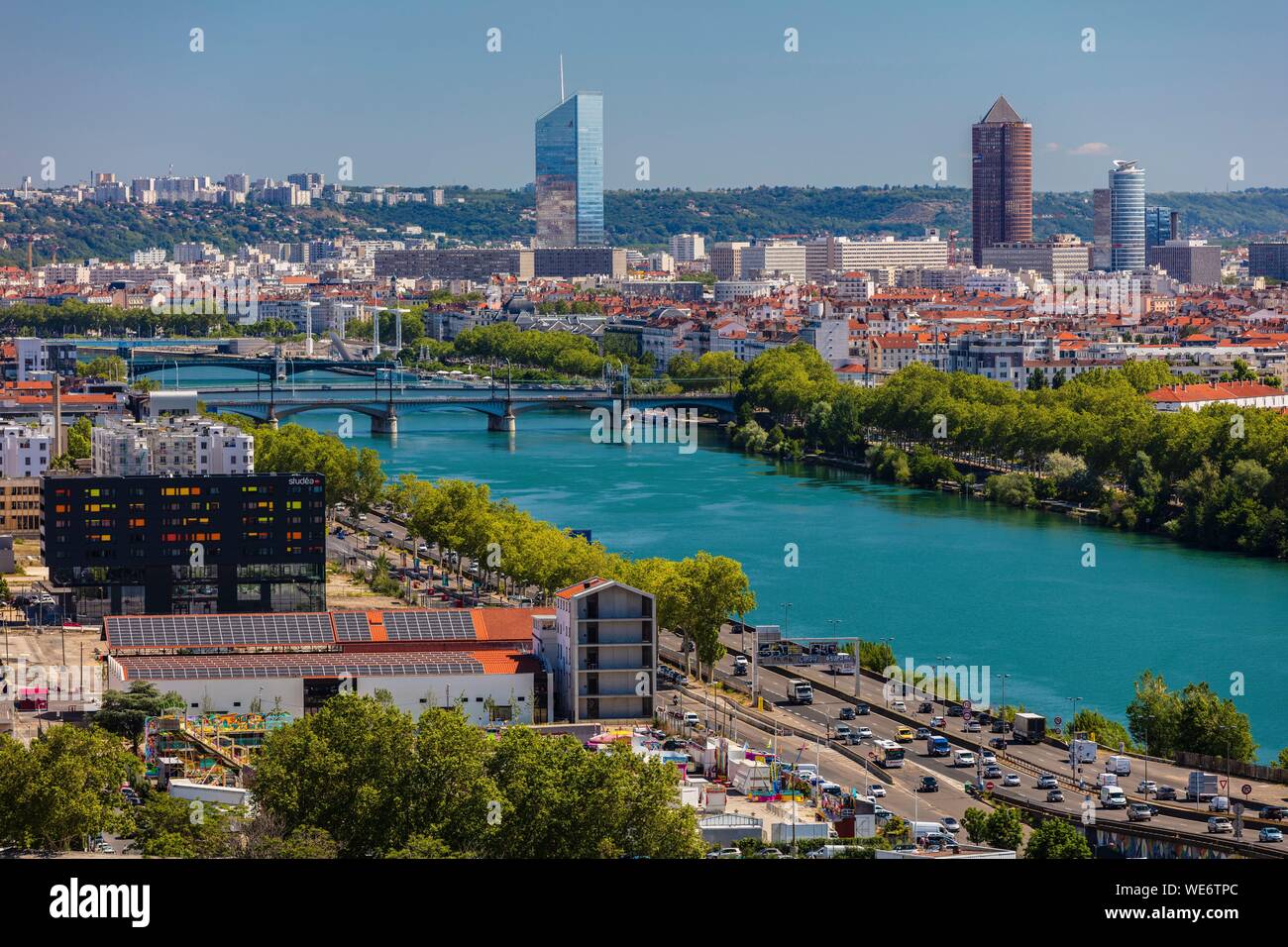 France, Rhone, Lyon, district of La Confluence in the south of the peninsula, first French quarter certified sustainable by the WWF, view of Villeurbanne, the Incity Tower and the Crayon Stock Photo