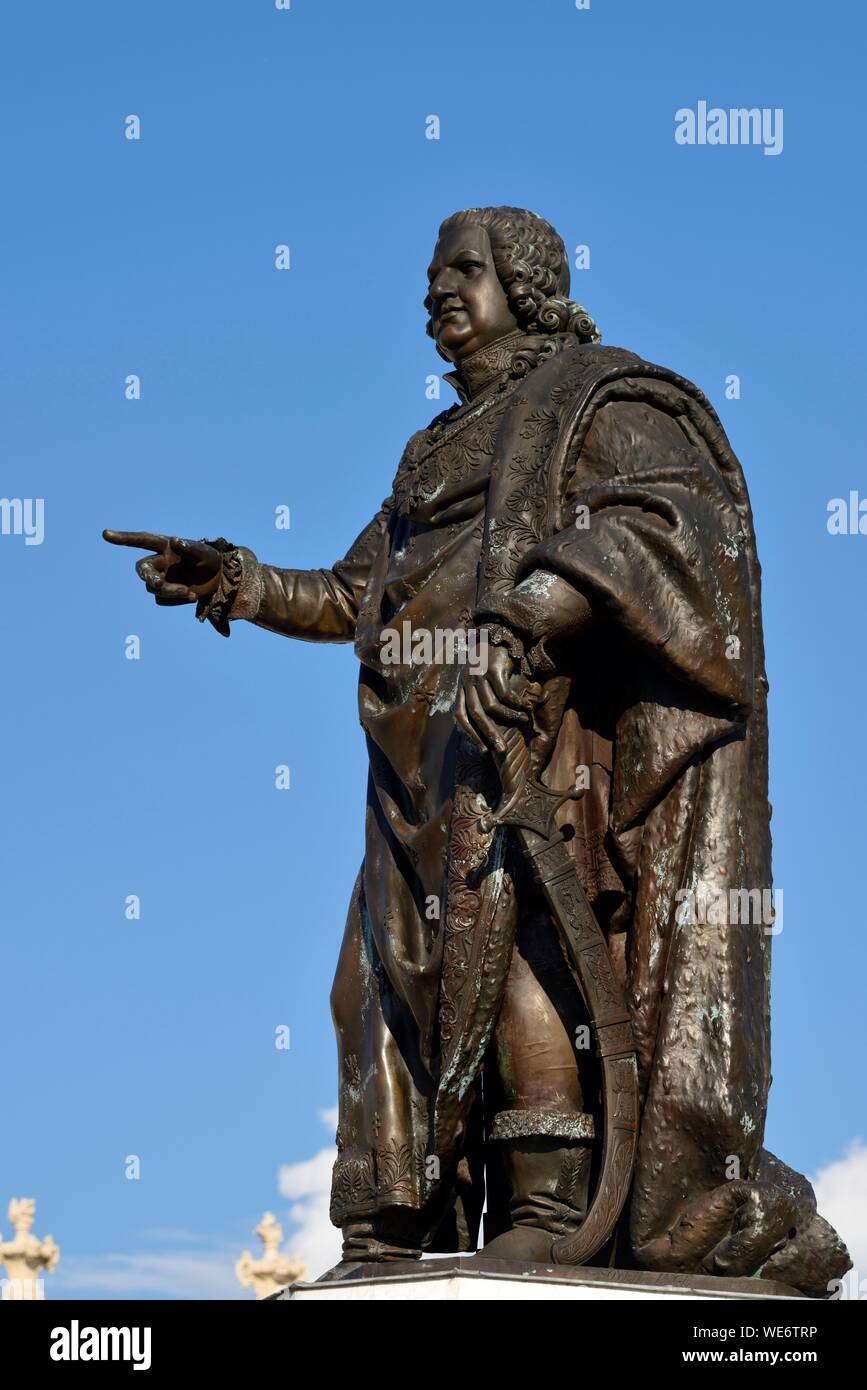 France, Meurthe and Moselle, Nancy, place Stanislas (former Place Royale) built by Stanislas Leszczynski, king of Poland and last duke of Lorraine in the eighteenth century, classified World Heritage of UNESCO, statue of Stanislas Stock Photo