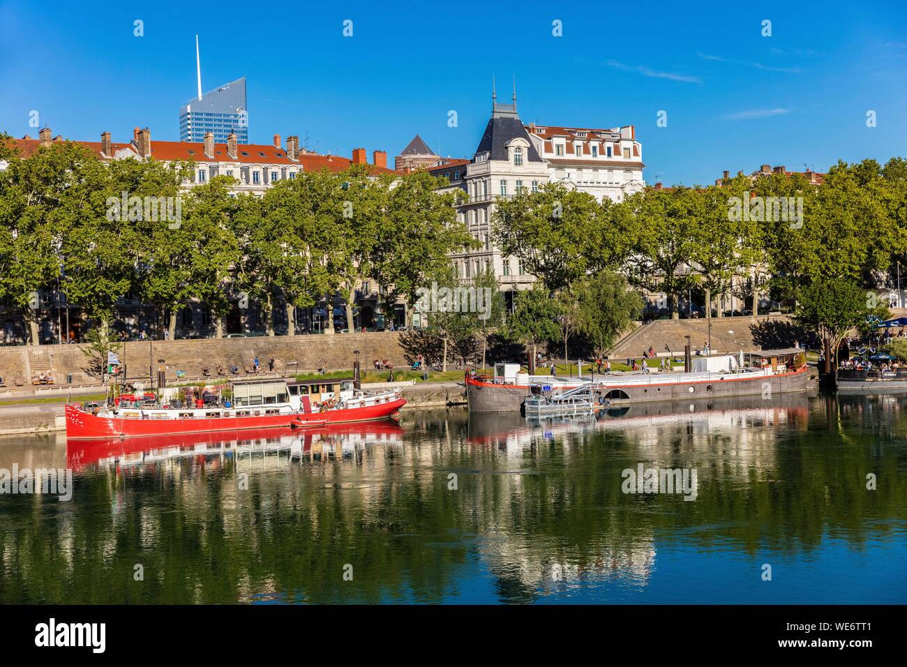 France, Rhone, Lyon, historical site listed as World Heritage by UNESCO, dock Général Sarrail, Rhone River banks with a view of the Incity tower and the tip of the Pencil Stock Photo