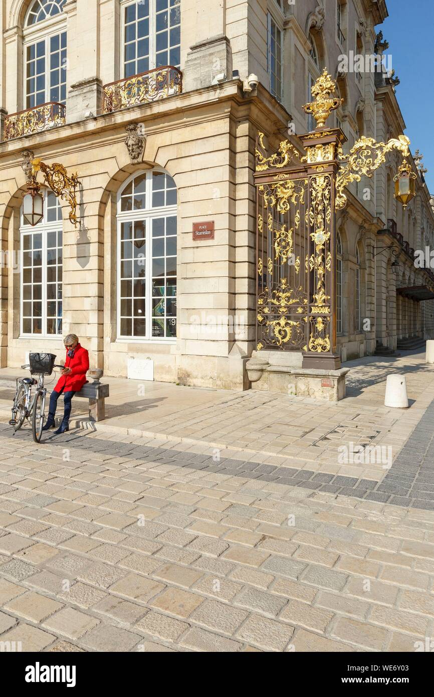 France, Meurthe et Moselle, Nancy, Stanislas square (former royal square) built by Stanislas Lescynski, king of Poland and last duke of Lorraine in the 18th century, listed as World Heritage by UNESCO, facade of the Opera house, railings iron works by Jean Lamour Stock Photo