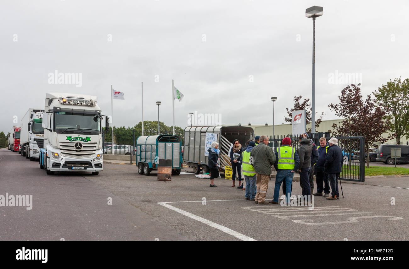 Bandon, Cork, Ireland. 30th August, 2019. Trucks lined up to acess the ABP Plant and dispite a court injuction, farmers continue to protest outside the  plant in Bandon, Co. Cork. The farmers’ group have already  rejected the outcome of talks last week aimed at securing better beef prices and are continuing their pickets.Credit;  David Creedon / Alamy Live News Stock Photo