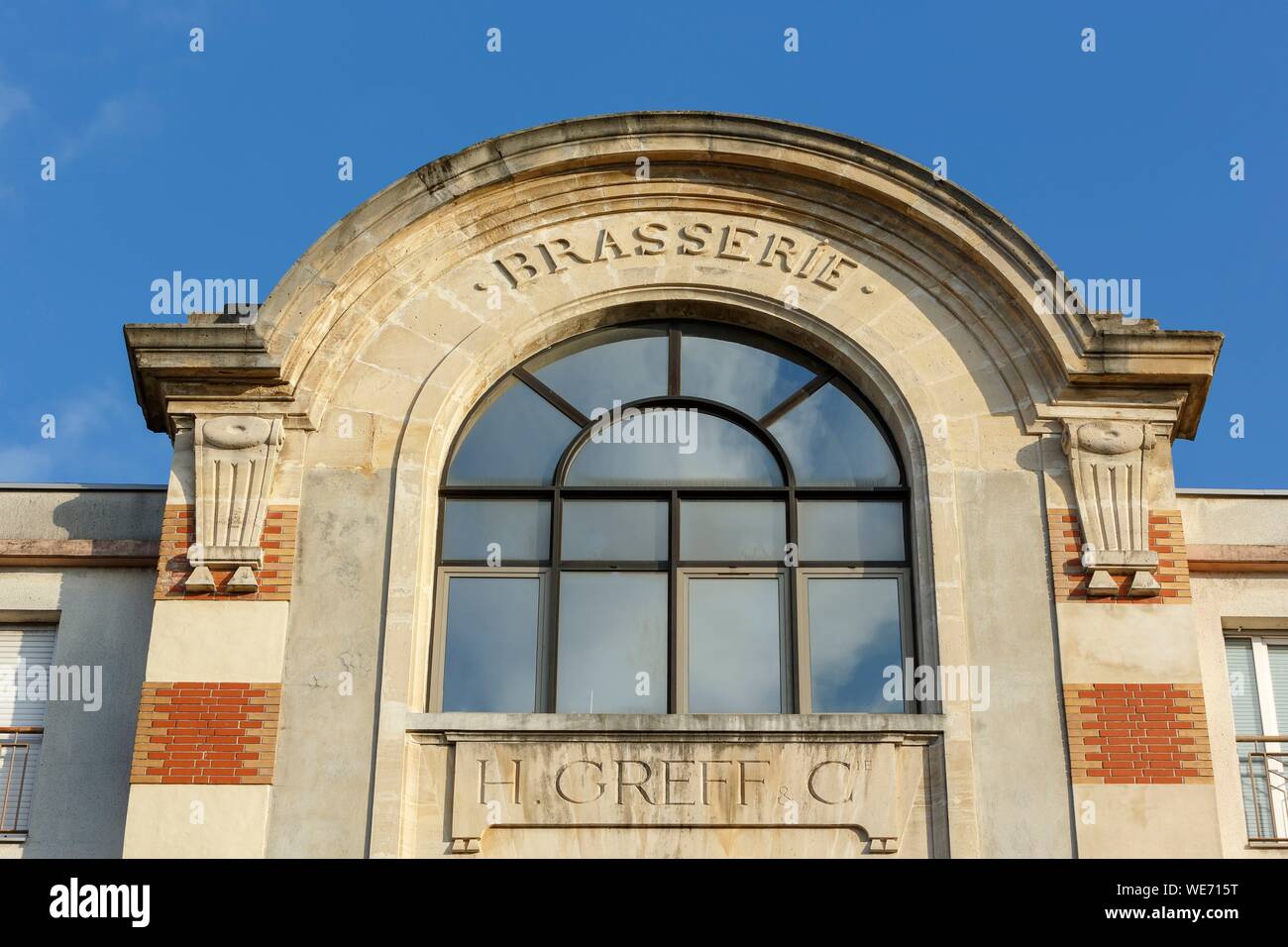 France, Meurthe et Moselle, Nancy, facade of former rewery Greef in Art Nouveau style now an France, Meurthe et Moselle, Nancy, facade of former rewery Greef in Art Nouveau style now an