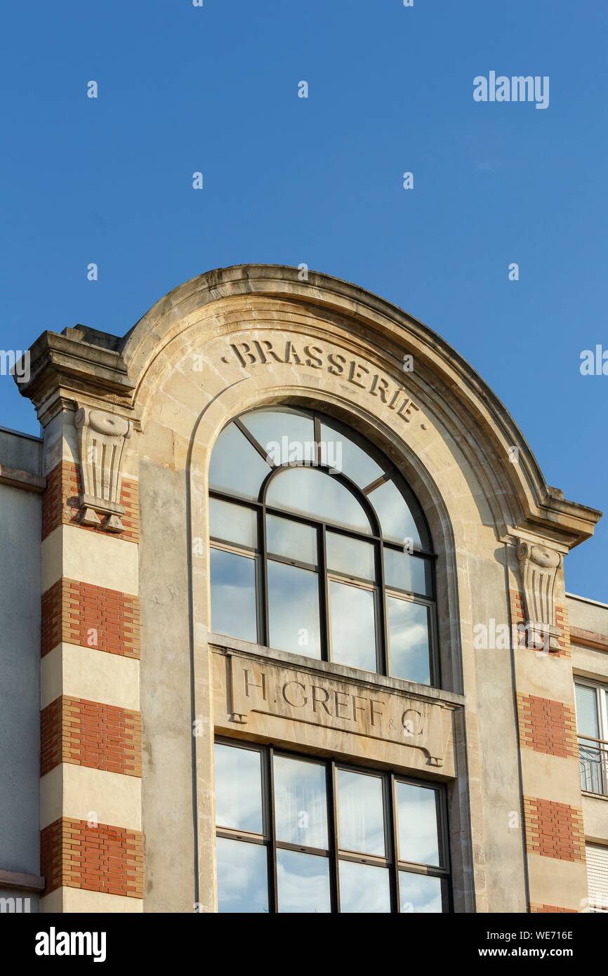 France, Meurthe et Moselle, Nancy, facade of former rewery Greef in Art Nouveau style now an France, Meurthe et Moselle, Nancy, facade of former rewery Greef in Art Nouveau style now an