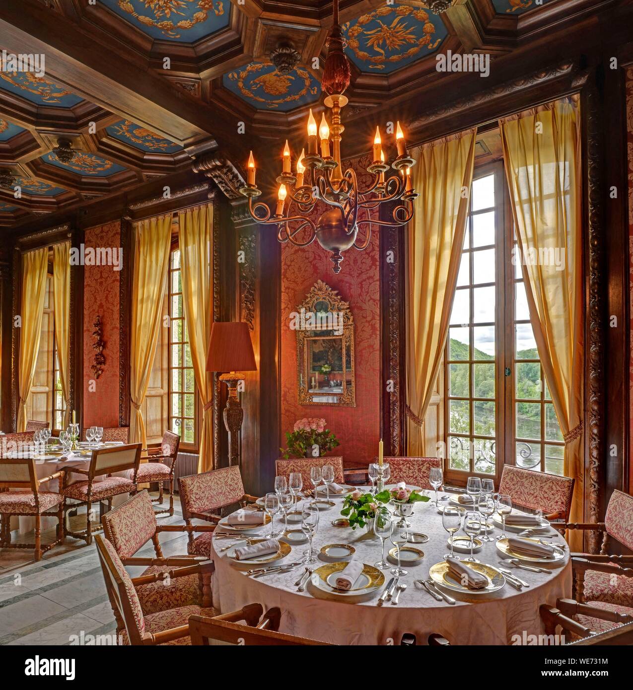 France, Lot, Quercy, Lacave, the restaurant of la Treyne castle, property of Relais et Chateaux company Stock Photo