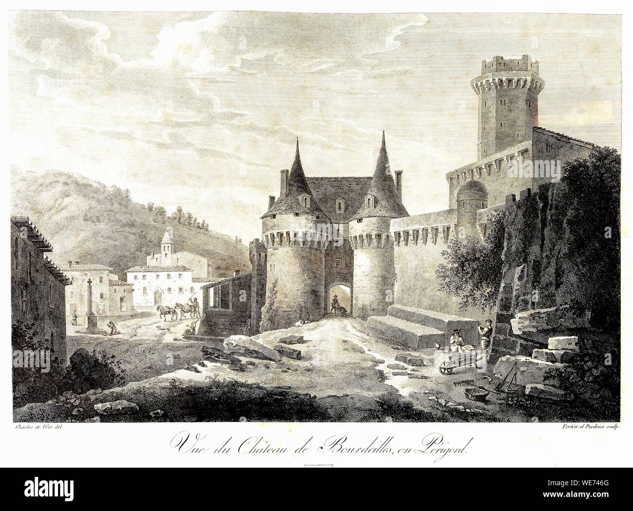 France, Dordogne, Perigord Vert, Bourdeilles, Castle of Bourdeilles, Renaissance castle, engraving Stock Photo