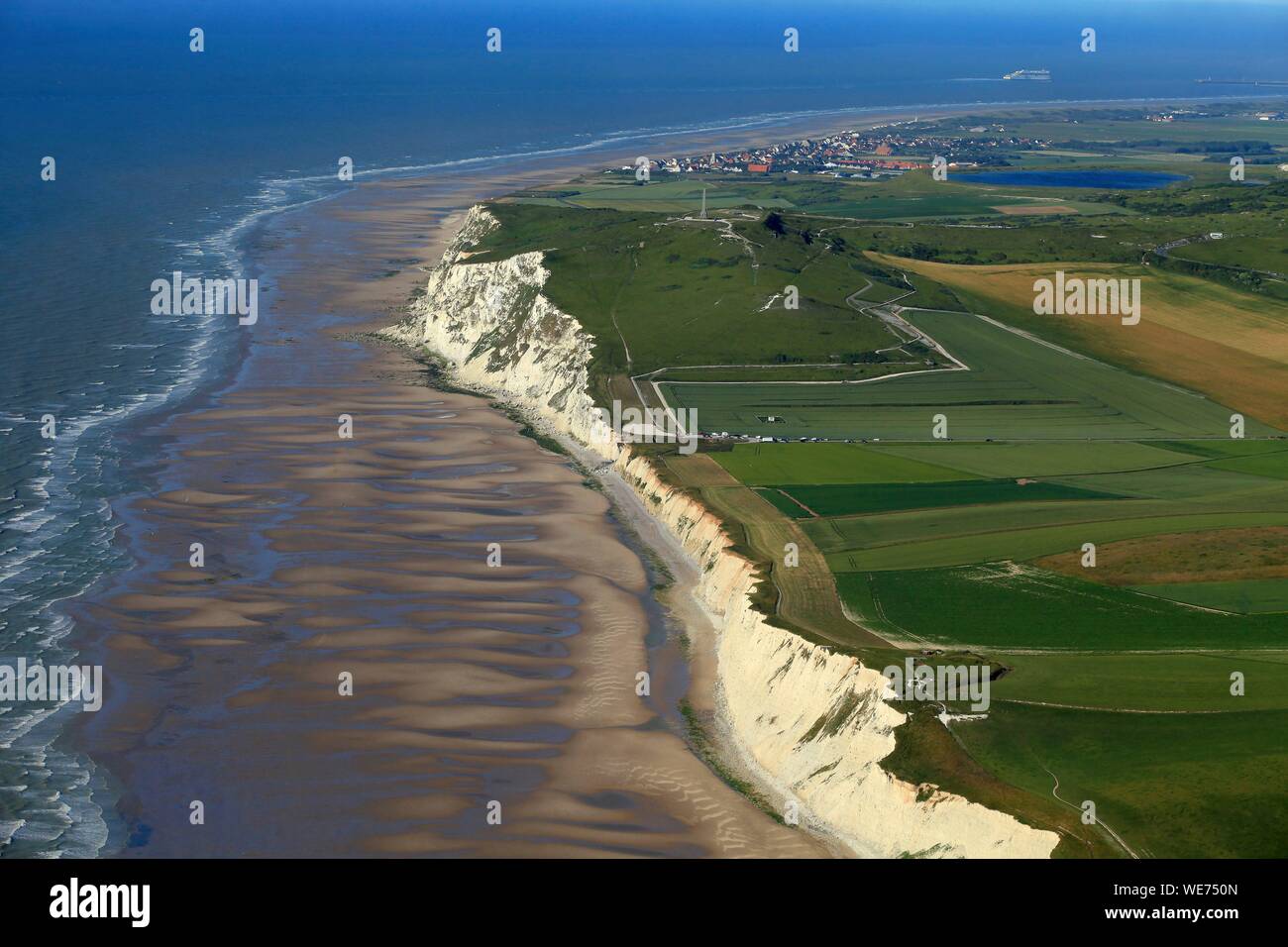 France, Pas de Calais, Cap Blanc Nez labeled Grand site of France with the city of Sangatte in the background (aerial view) Stock Photo