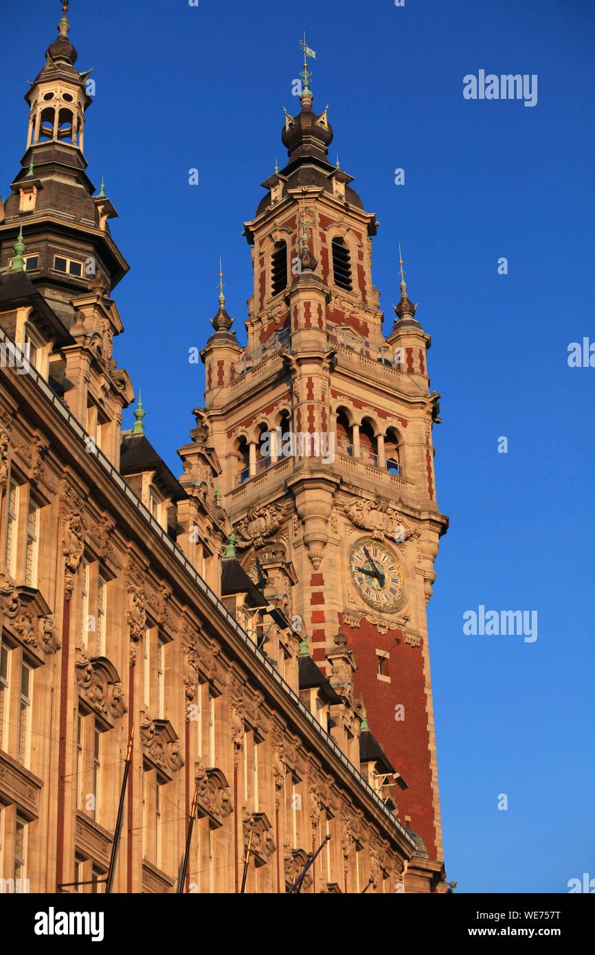 France, Nord, Lille, Grand Place of Lille, The Belfry and the Chamber of Commerce Stock Photo