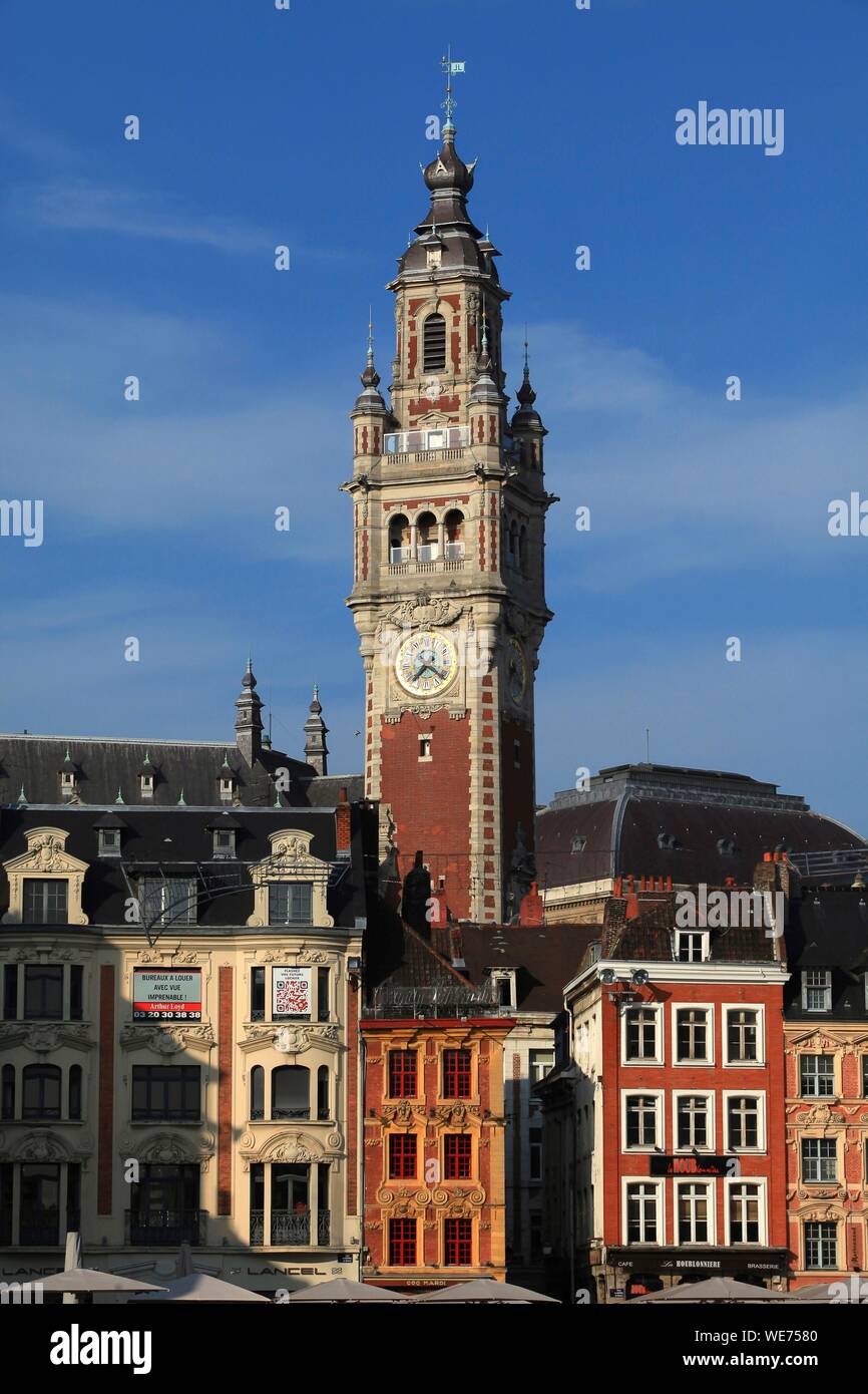 France, Nord, Lille, Grand Place of Lille, The Belfry of the Lille Chamber of Commerce Stock Photo