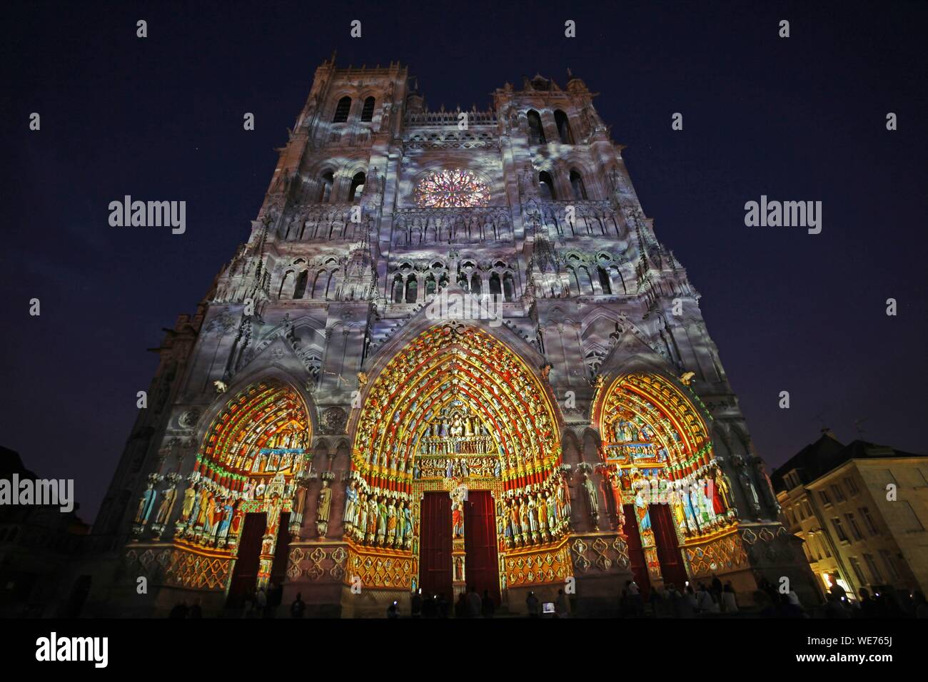 France, Somme, Amiens, Notre Dame d'Amiens cathedral listed as World Heritage by UNESCO, spectacle sounds and lights on the facade of the cathedral Stock Photo