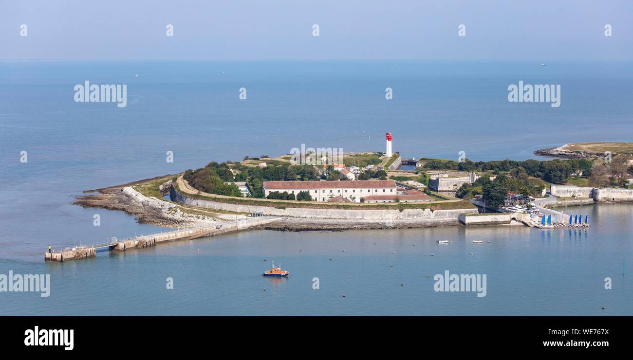 France, Charente Maritime, Aix island, la Rade fort and the jetty (aerial view) Stock Photo