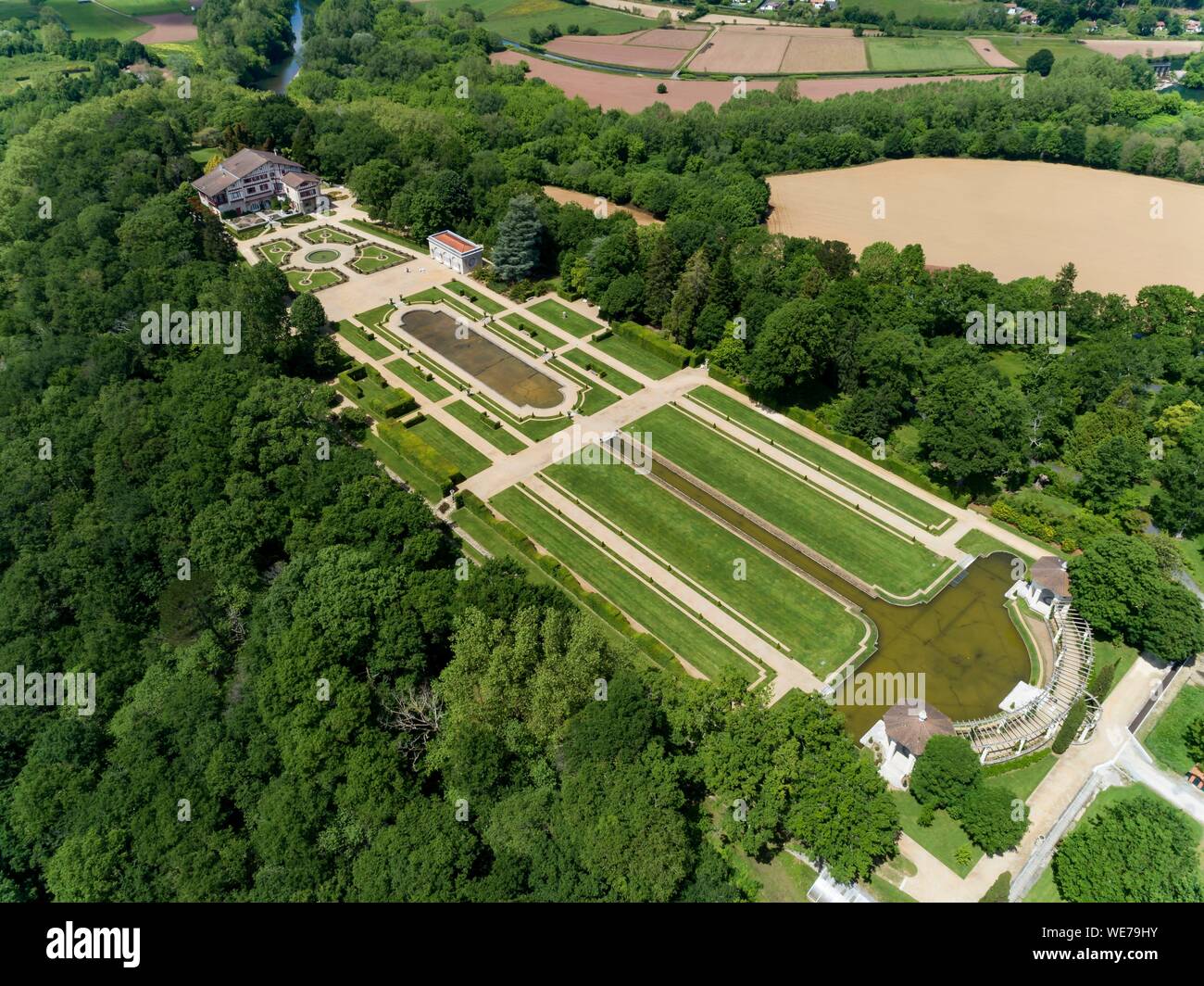France, Pyrenees Atlantiques, Basque country, Cambo les Bains, the Villa Arnaga and its French garden, museum and Edmond Rostand house of neo Basque style (aerial view) Stock Photo