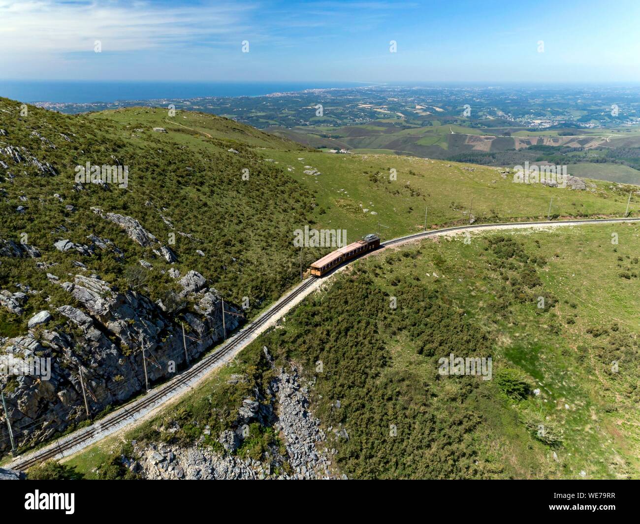 France, Pyrenees Atlantiques, Basque Country, Ascain, La Rhune, the Rhune train, little cog railway (aerial view) Stock Photo