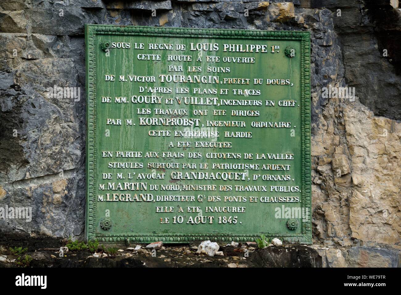 France, Doubs, Mouthier Haute Pierre, road D 67, in the upper valley of the Loue, plaque, inauguration the road in 1845 under the reign of Louis-Philippe Stock Photo