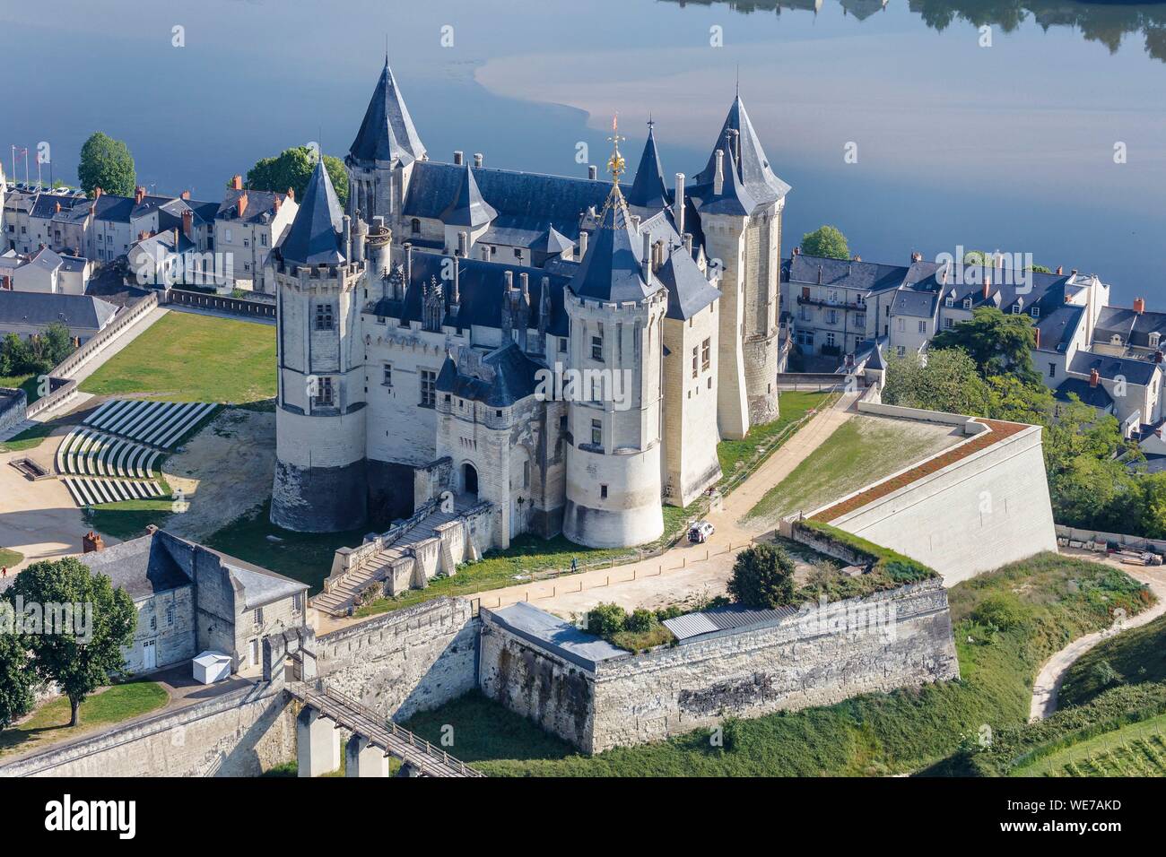 France, Maine et Loire, Loire valley listed as World Heritage by UNESCO, Saumur, the castle near the Loire river (aerial view) Stock Photo