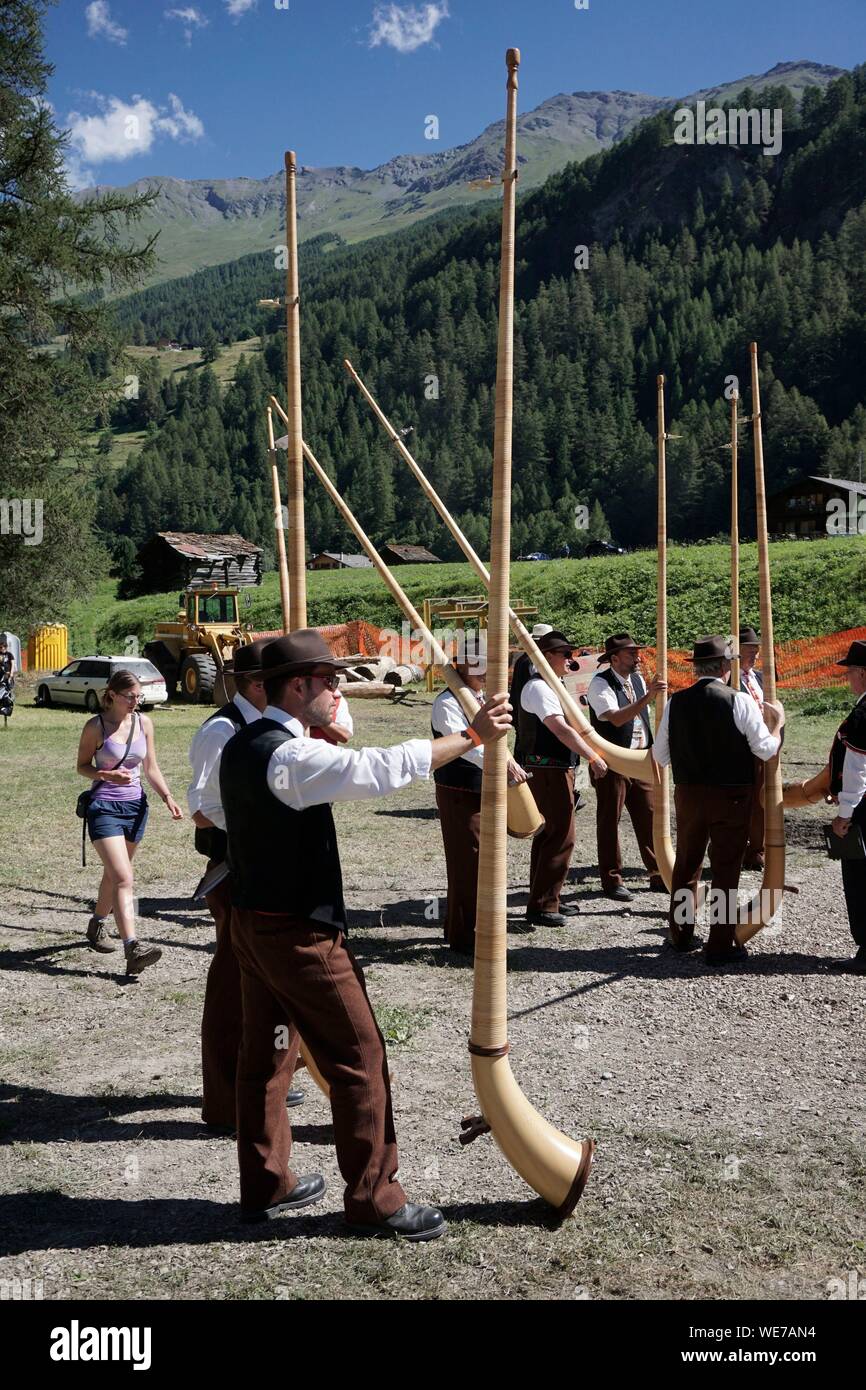 Switzerland, Valais Canton, Val d'Herens, village of Evolene in summer, inauguration of Les Hauderes Arena on august 2016, place where are fighting the blacks cows Herens according an ancient tradition Stock Photo