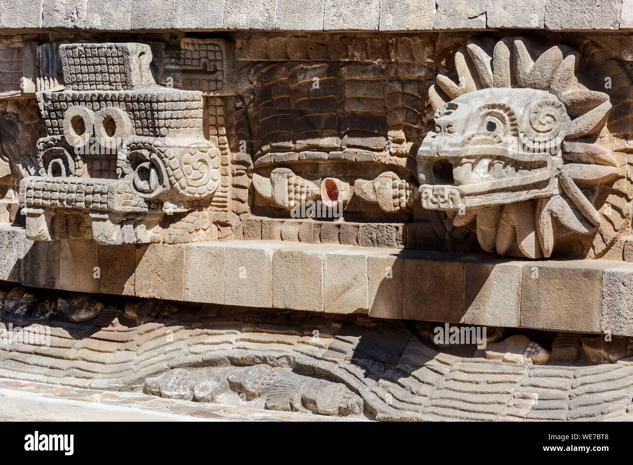 Mexico, Mexico state, Teotihuacan listed as World Heritage by UNESCO, temple of Quetzalcoatl, Quetzalcoatl (the feathered serpent) sculpture Stock Photo