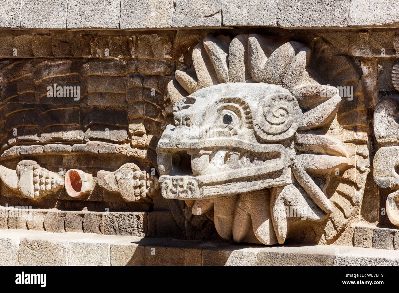Mexico, Mexico state, Teotihuacan listed as World Heritage by UNESCO, temple of Quetzalcoatl, Quetzalcoatl (the feathered serpent) sculpture Stock Photo