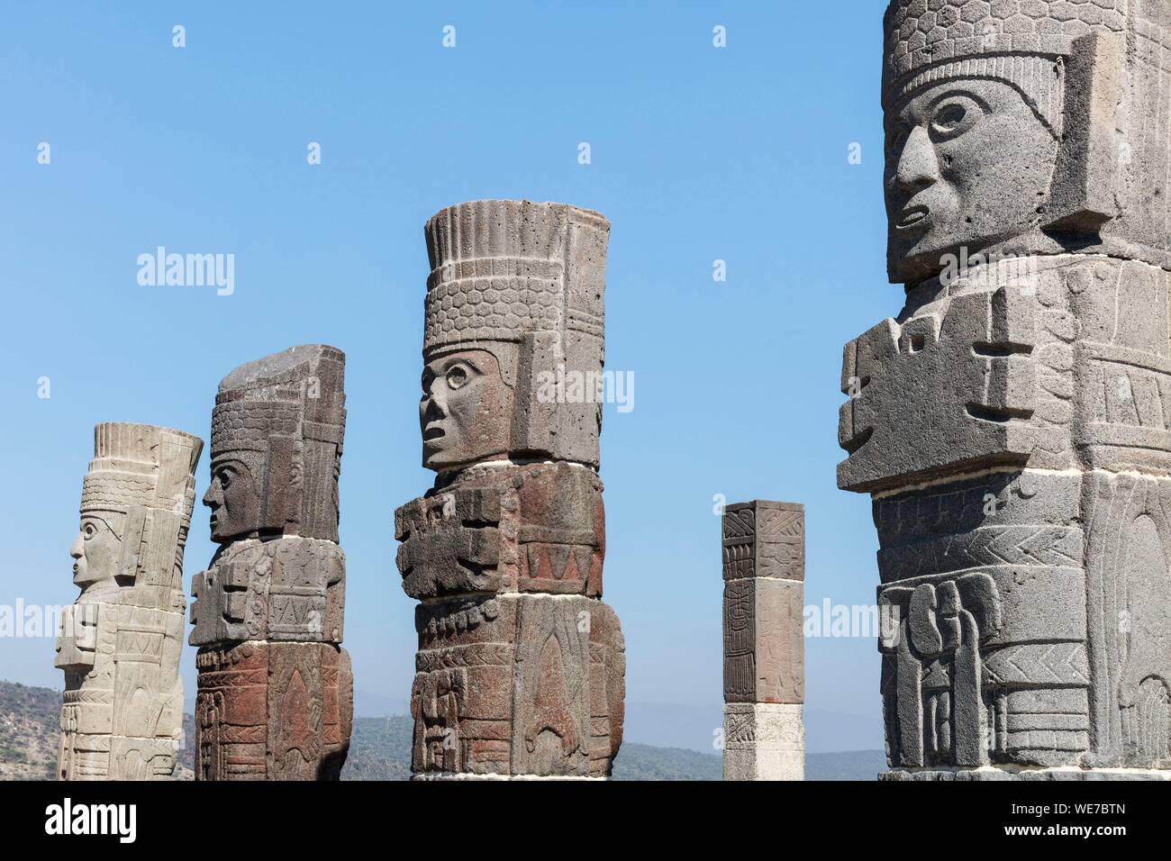 Mexico, Hidalgo state, Tula de Allende, Toltec archaeological site, pillars the Atlantes on the Pyramid of Quetzalcoatl or of the Morning Star Stock Photo