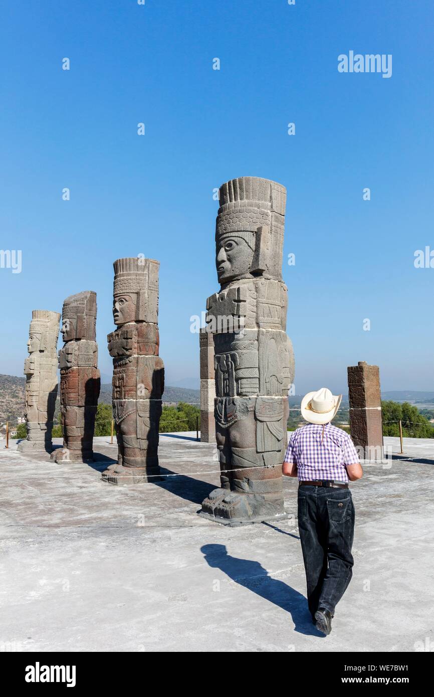 Mexico, Hidalgo state, Tula de Allende, Toltec archaeological site, pillars the Atlantes on the Pyramid of Quetzalcoatl or of the Morning Star Stock Photo