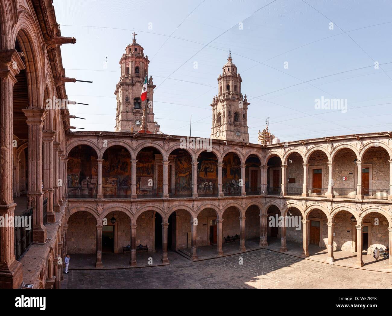 Mexico, Michoacan state, Morelia, Historic Centre of Morelia listed as World Heritage by UNESCO, Palacio de Gobierno and the cathedral Stock Photo