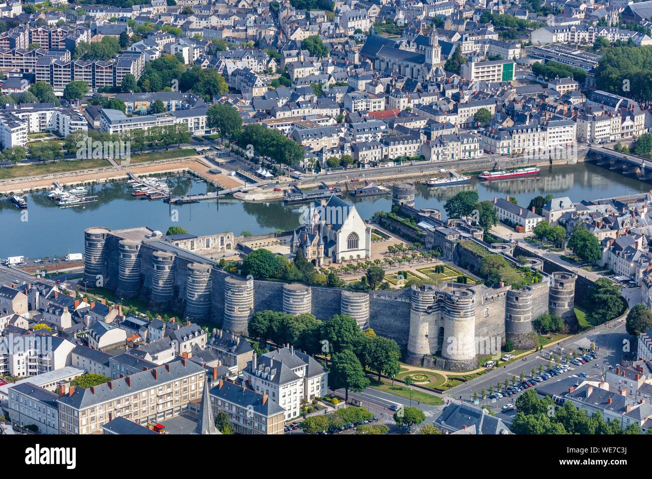 France, Maine et Loire, Loire valley listed as World Heritage by UNESCO, Angers, the castle near the Maine river (aerial view) Stock Photo