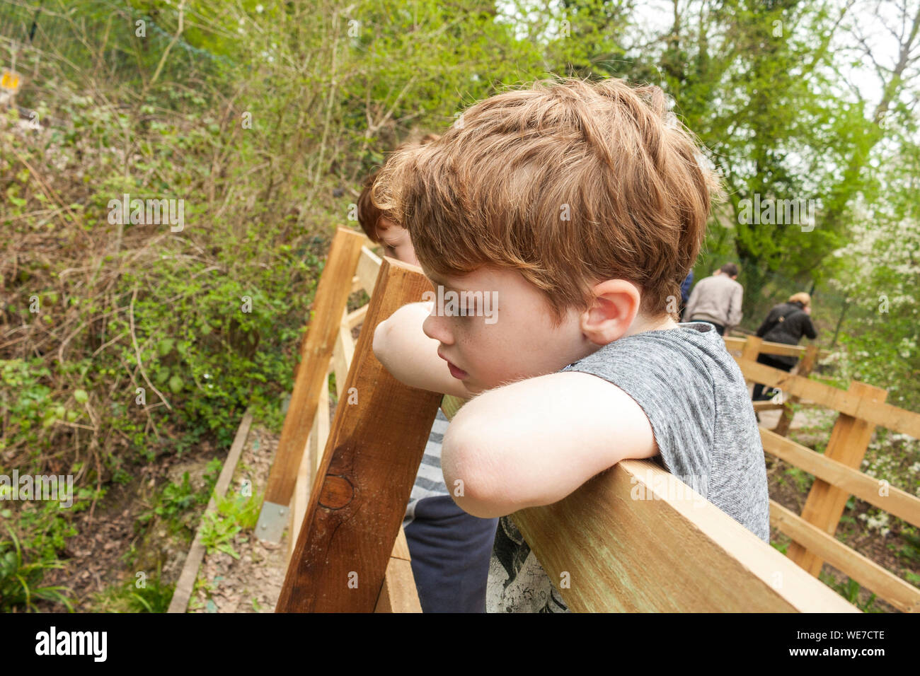 A young boy looking over a footbridge Stock Photo