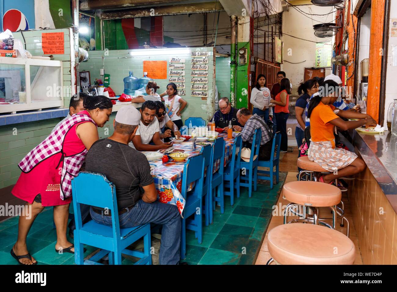 Mexico, Campeche state, Campeche, fortified city listed as World Heritage by UNESCO, restaurant at the market Stock Photo