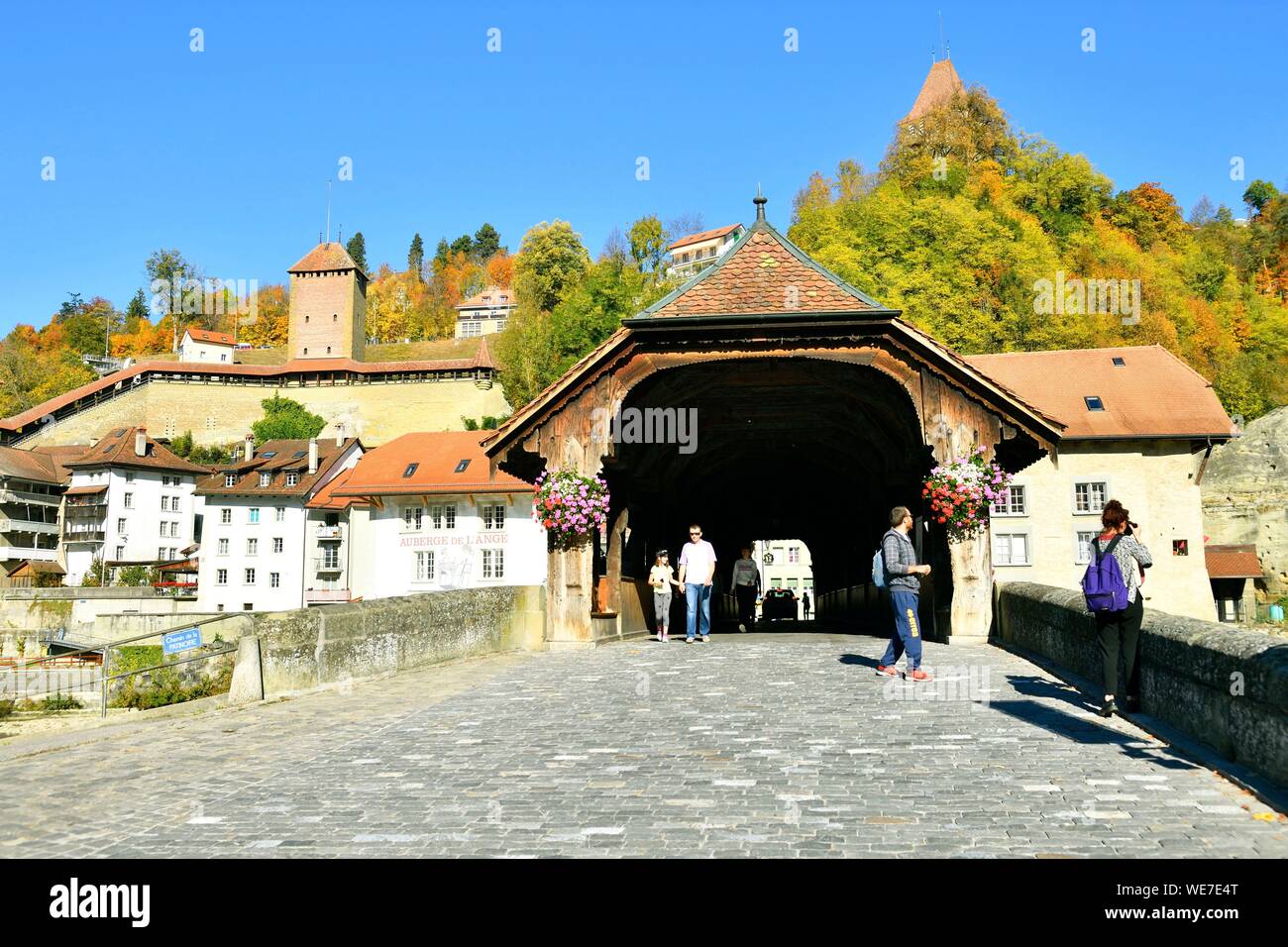 Switzerland, Canton of Fribourg, Fribourg, Sarine River (Saane River) banks, Bern wooden covered bridge Stock Photo