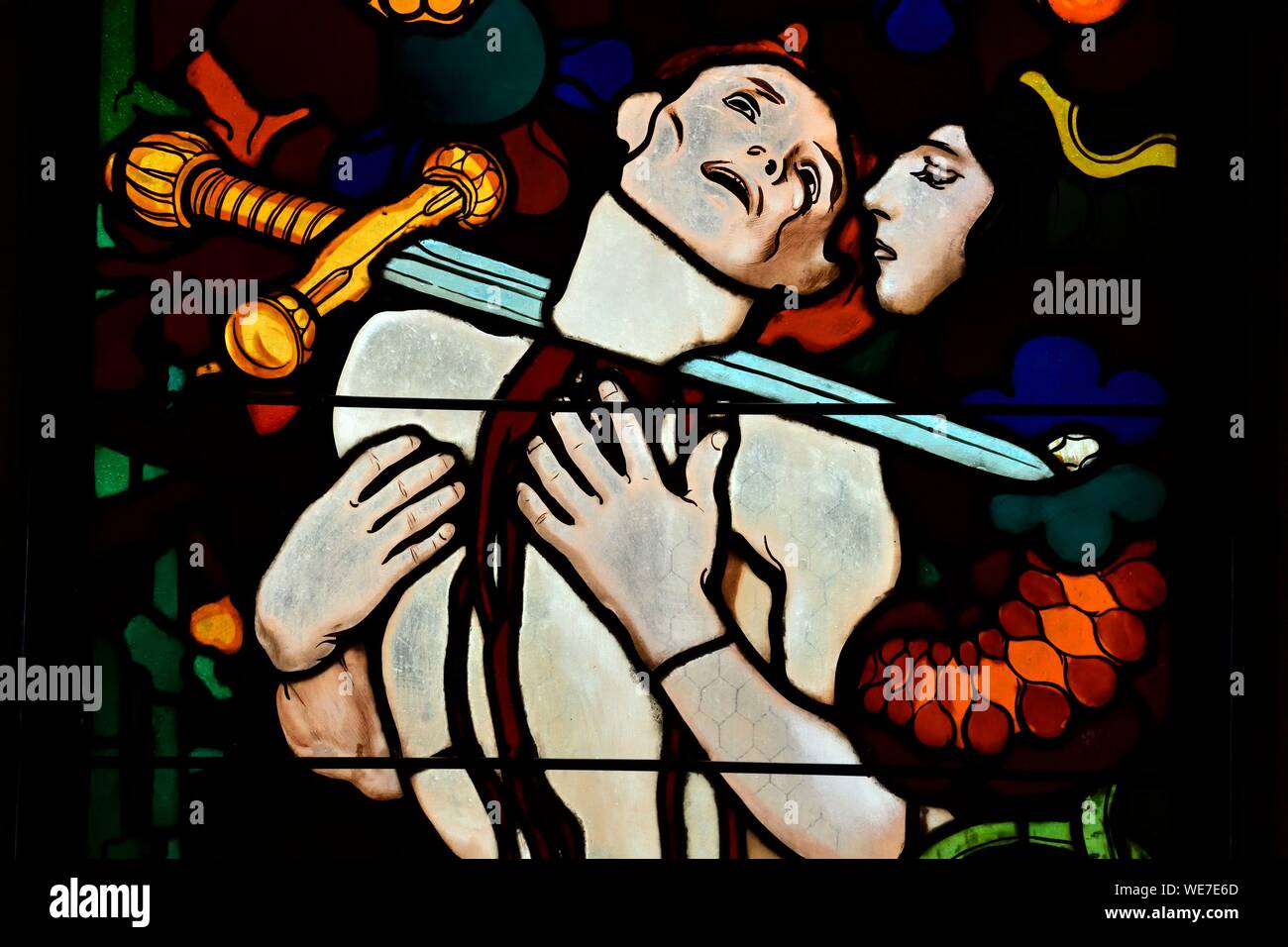 Switzerland, Canton of Fribourg, Fribourg, San Nicolas Cathedral, Stained Glass Windows created by the Polish painter, Jozef Mehoffer, Stained-glass window of the martyrs Stock Photo