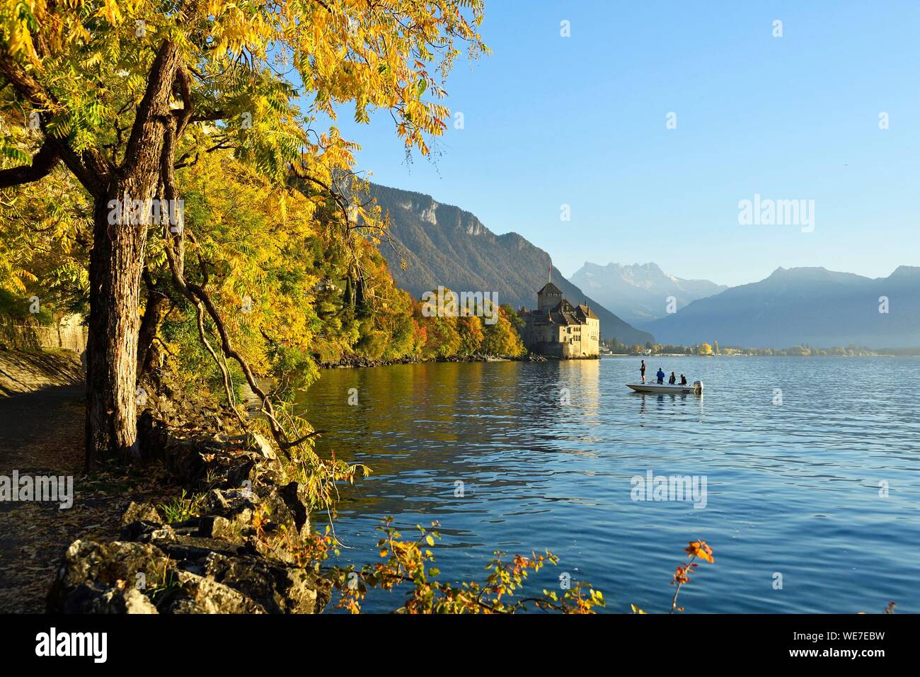 Suisse, Canton of Vaud, Lake Geneva, Veytaux, Chillon Castle at South Montreux Stock Photo