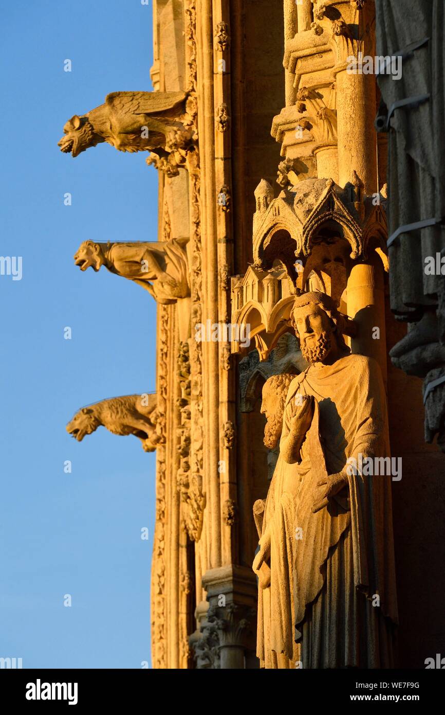 France, Somme, Amiens, Notre-Dame cathedral, jewel of the Gothic art, listed as World Heritage by UNESCO, the western facade, gargoyles Stock Photo