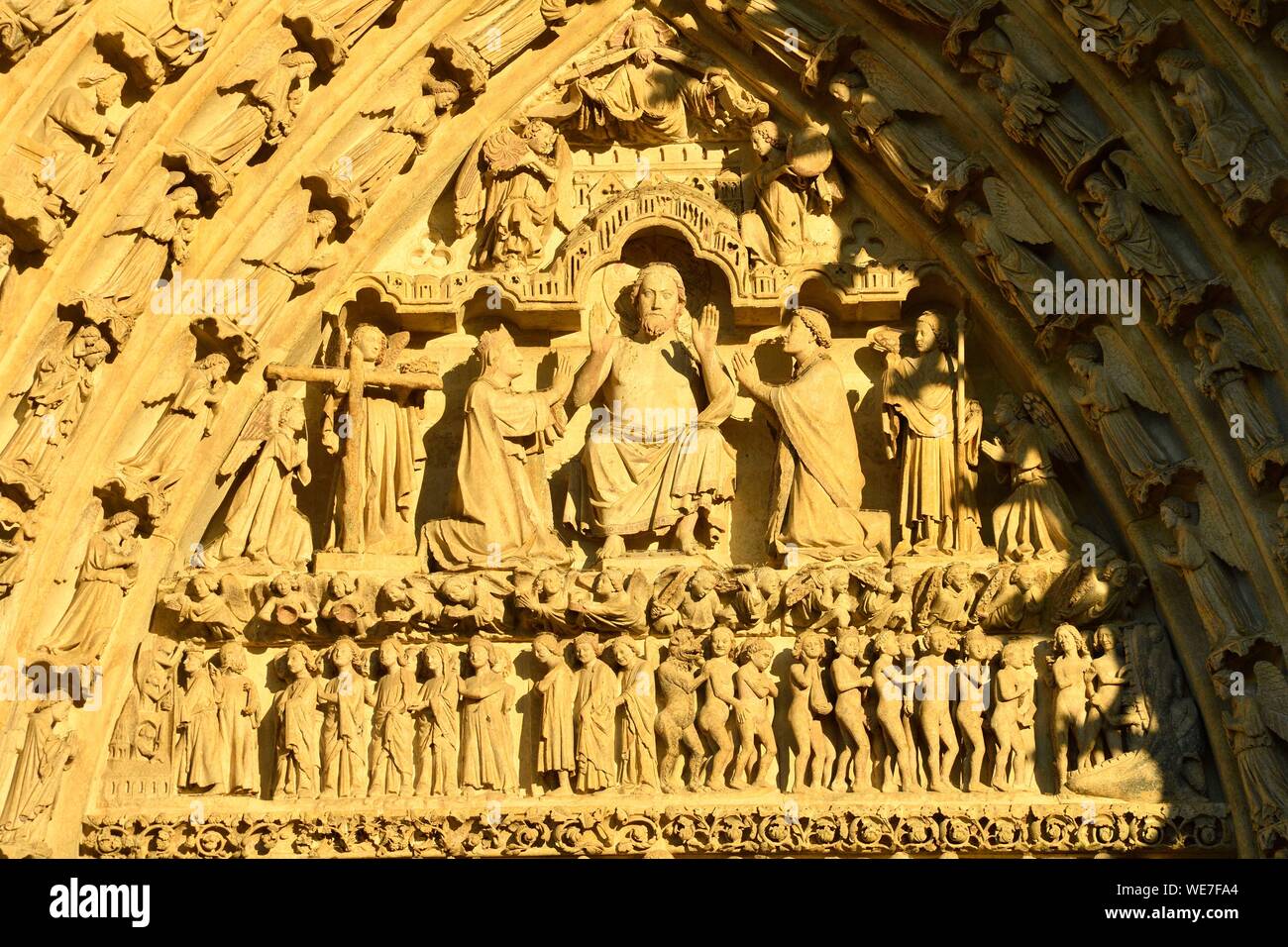 France, Somme, Amiens, Notre-Dame cathedral, jewel of the Gothic art, listed as World Heritage by UNESCO, central portal of the western facade, the Last Judgment Stock Photo