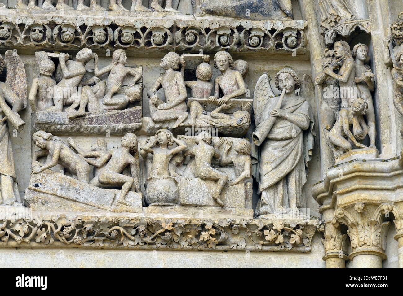 France, Somme, Amiens, Notre-Dame cathedral, jewel of the Gothic art, listed as World Heritage by UNESCO, central portal of the western facade, the Last Judgment Stock Photo