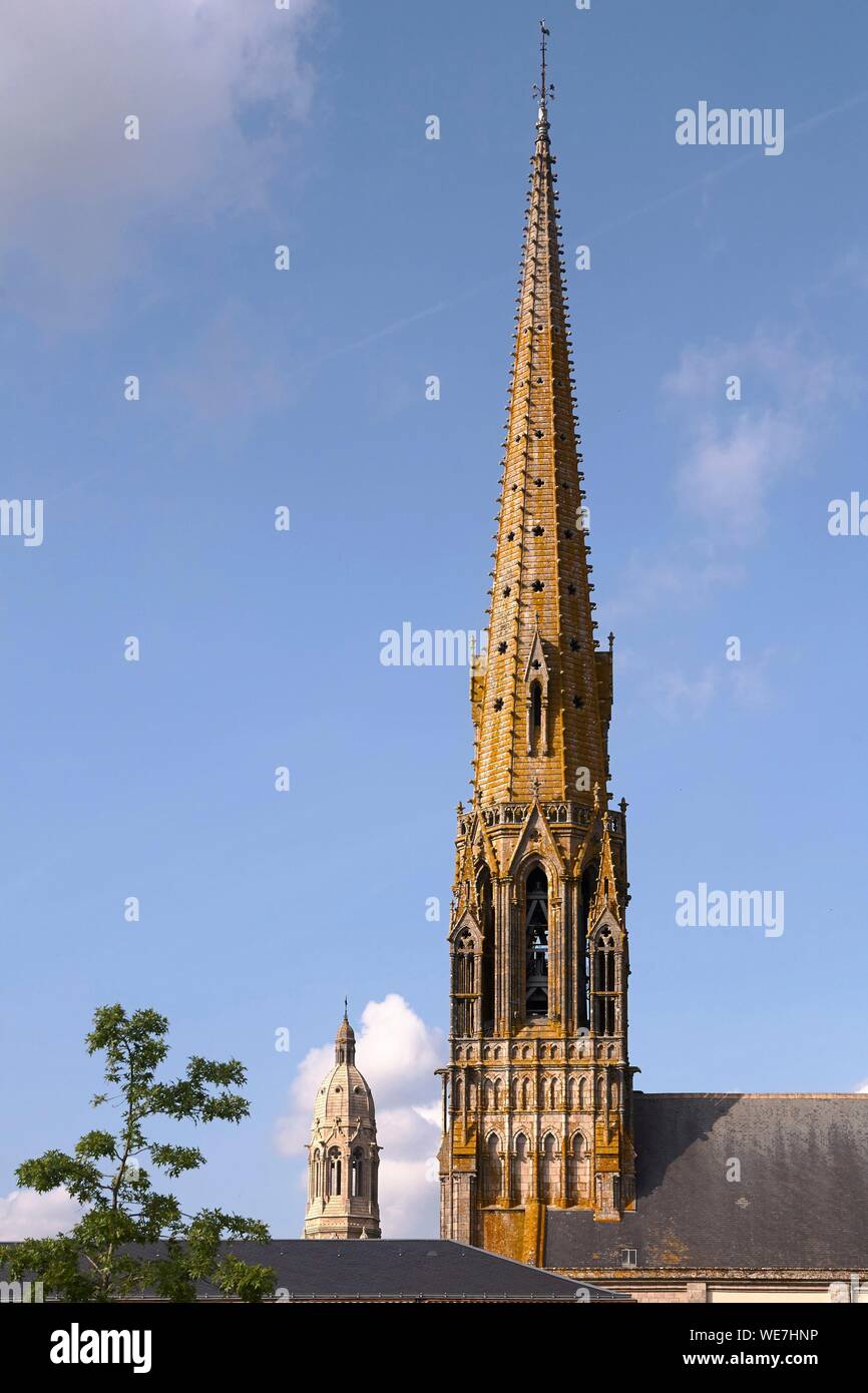 France, Vendee, Saint Laurent sur Sevre, Bell tower of La Sagesse chapel and the one of St. Louis Marie Grignion de Monfort basilica in the background Stock Photo