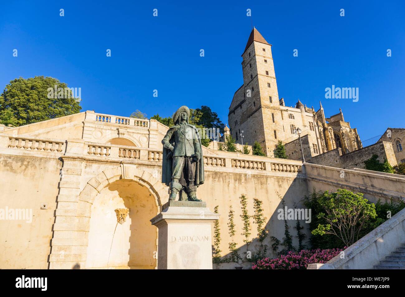 France, Gers, Auch, stop on El Camino de Santiago, D'Artagnan statue, the Escalier Monumental and the Tour d'Armagnac Stock Photo