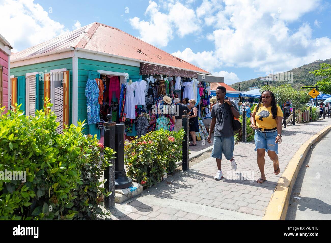 West Indies, British Virgin Islands, Tortola Island, Tortola, souvenir shops on the Tortola docks Stock Photo