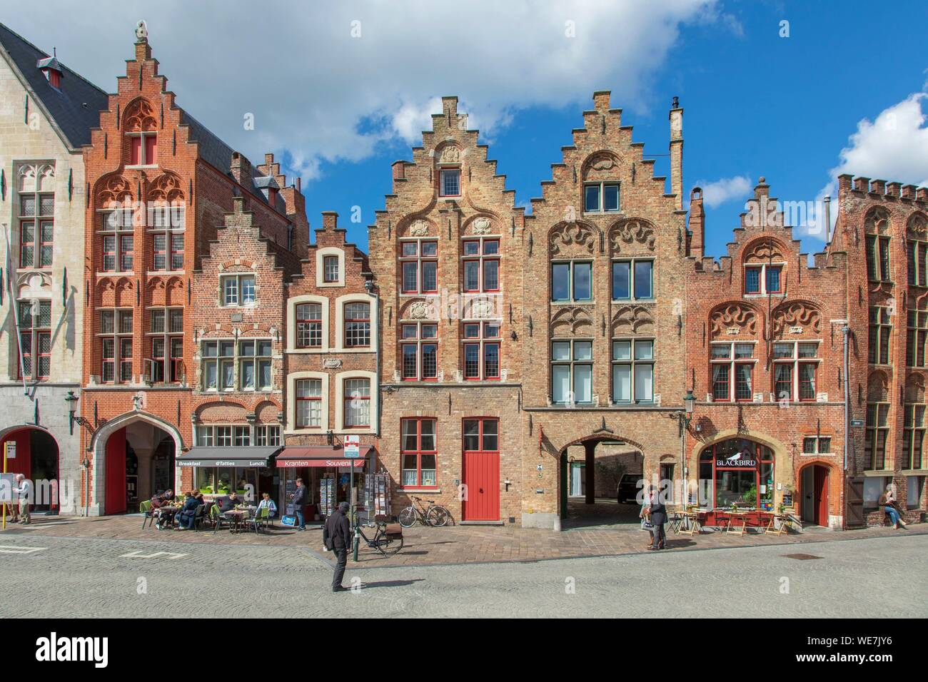Belgium, Western Flanders, Bruges, historical centre listed as World Heritage by UNESCO, Jan Van Eyck square, brick facades with stepped gables Stock Photo