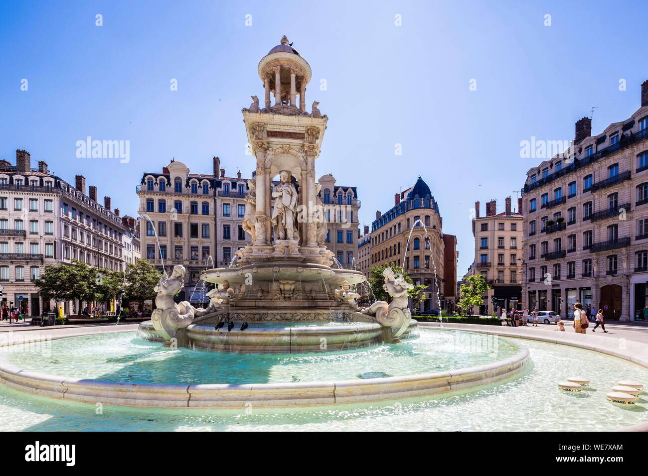 France, Rhone, Lyon, historical site listed as World Heritage by UNESCO, Cordeliers district, fountain of the Place des Jacobins Stock Photo