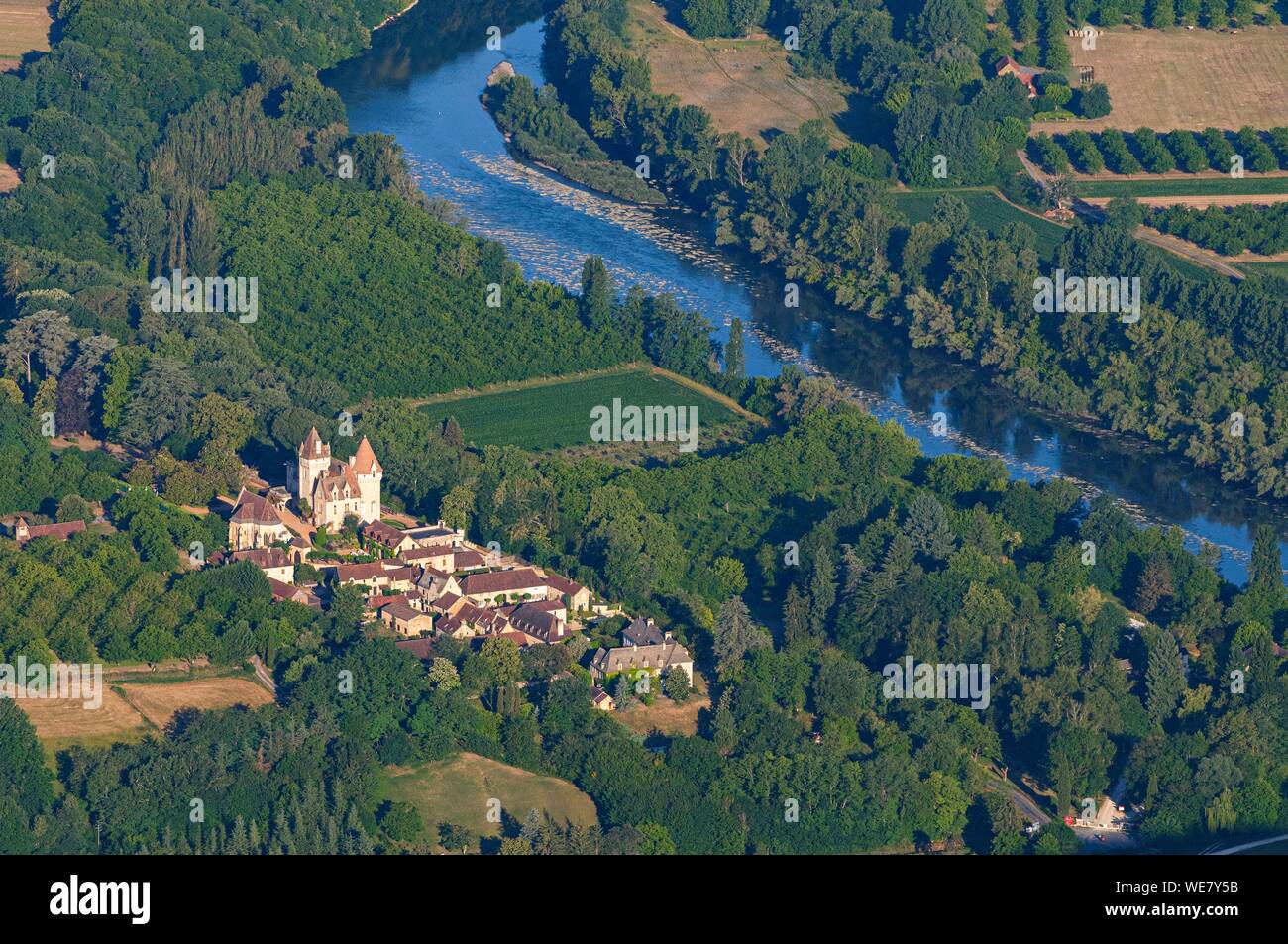 France, Dordogne, Castelnaud la Chapelle, castle of the Milandes dated 15th century (aerial view) Stock Photo