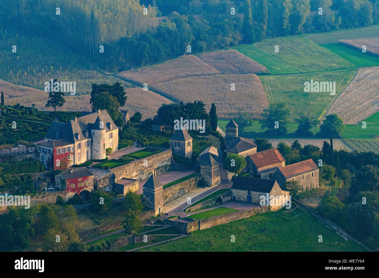France, Dordogne, Vezac, Park and castle of Marqueyssac dated 18 th. century (aerial view) Stock Photo