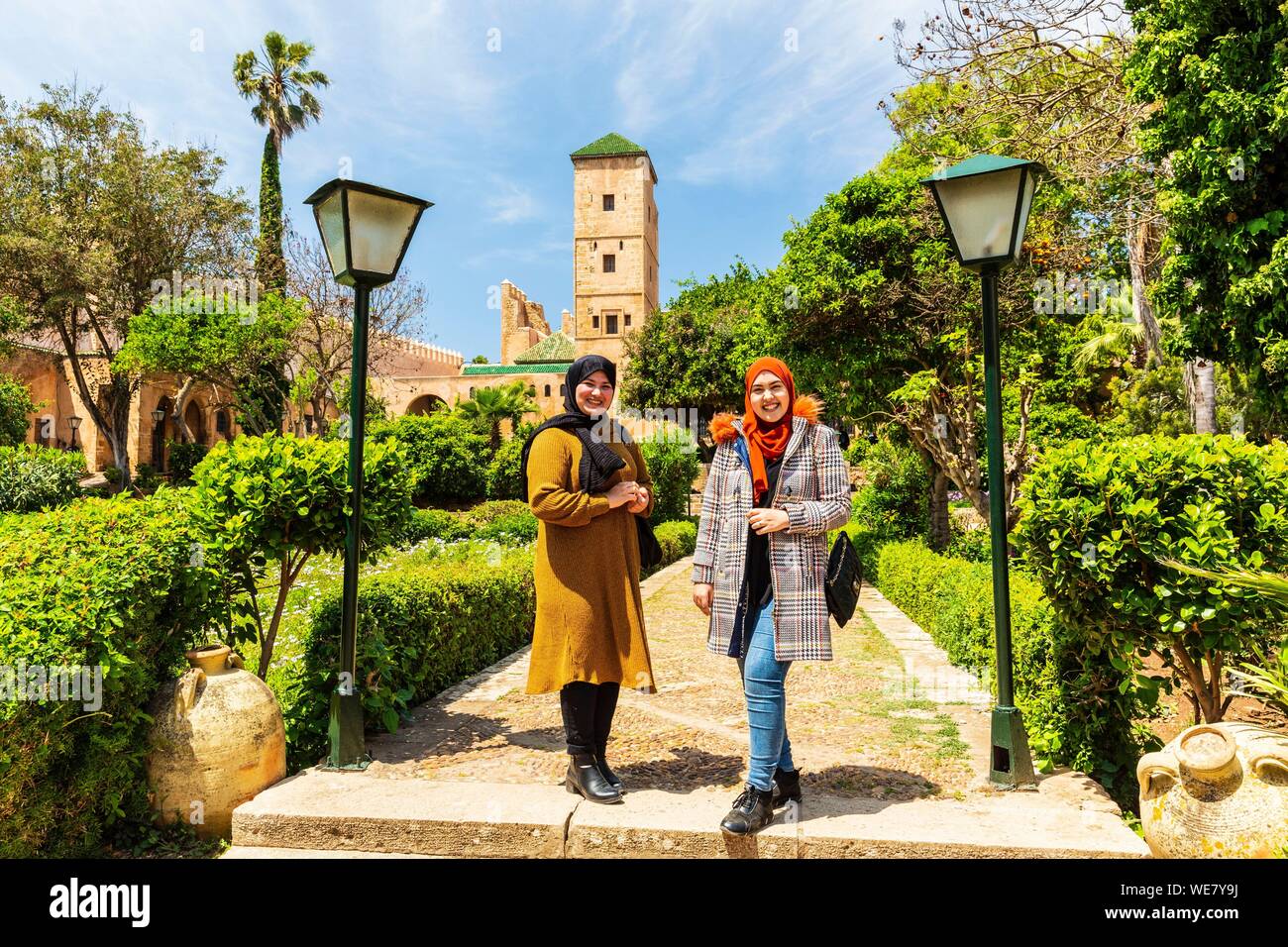 Morocco, Rabat, listed as World Heritage by UNESCO, Udayas kasbah (kasbah des Oudaïas), the andalusian garden, students Stock Photo