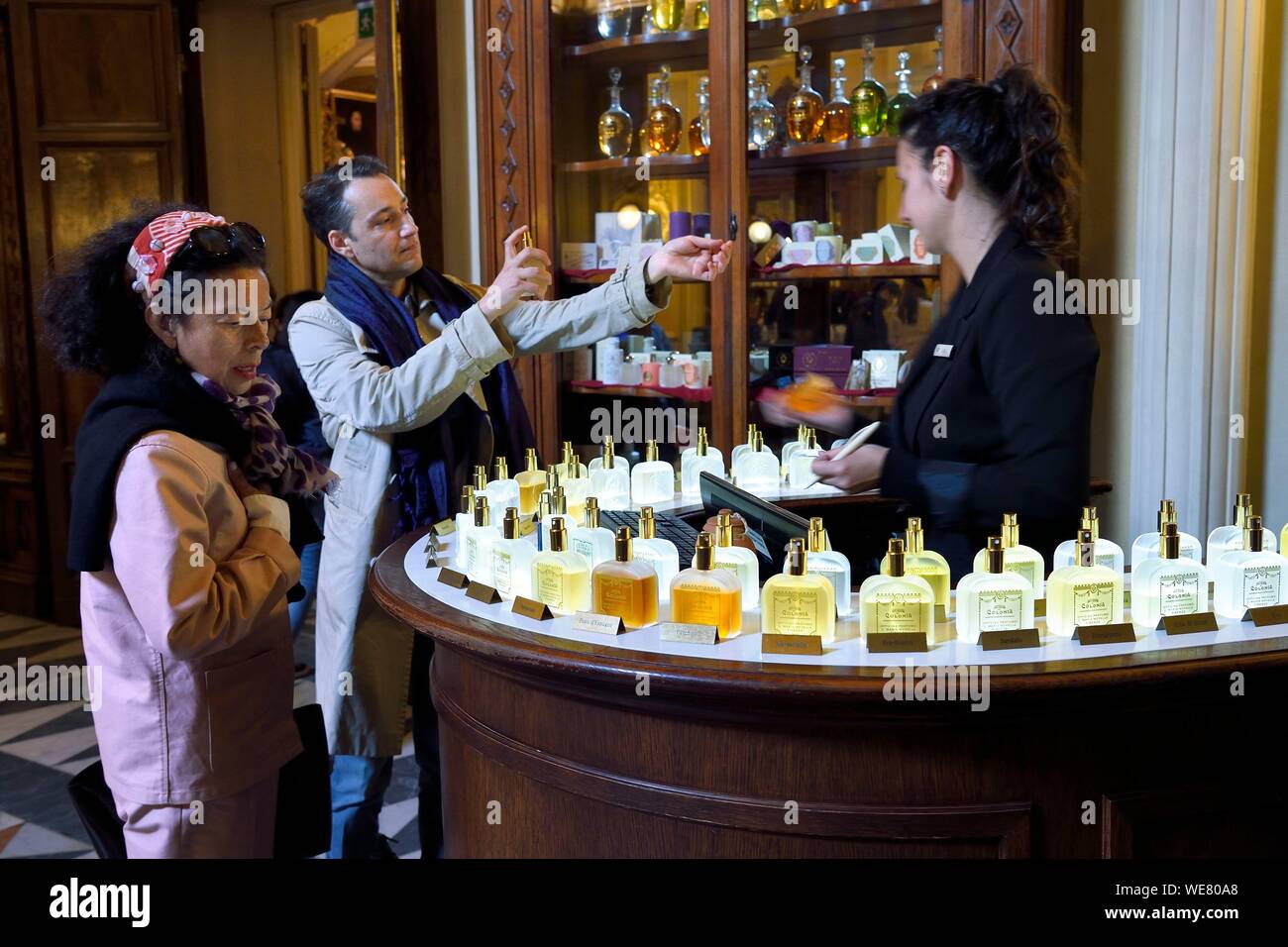 Italy, Tuscany, Florence, listed as World Heritage by UNESCO, Officina profumo, farmaceutica di Santa Maria Novella, former Italian apothecary pharmacy turned into perfume and body care distillery and shop, cologne Stock Photo