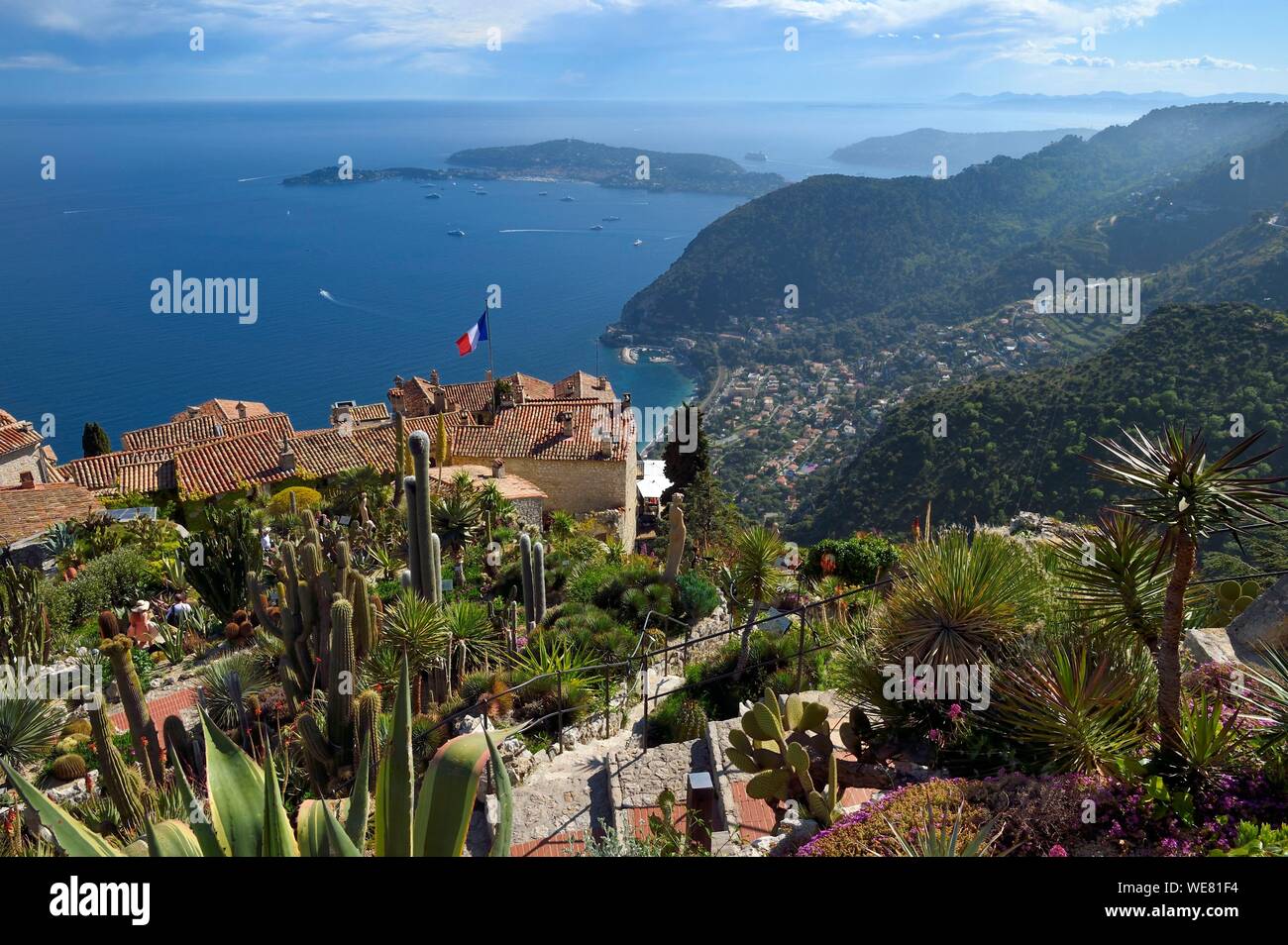 France, Alpes Maritimes, the hilltop village of Eze and its Exotic Garden, Saint Jean Cap Ferrat in the background Stock Photo