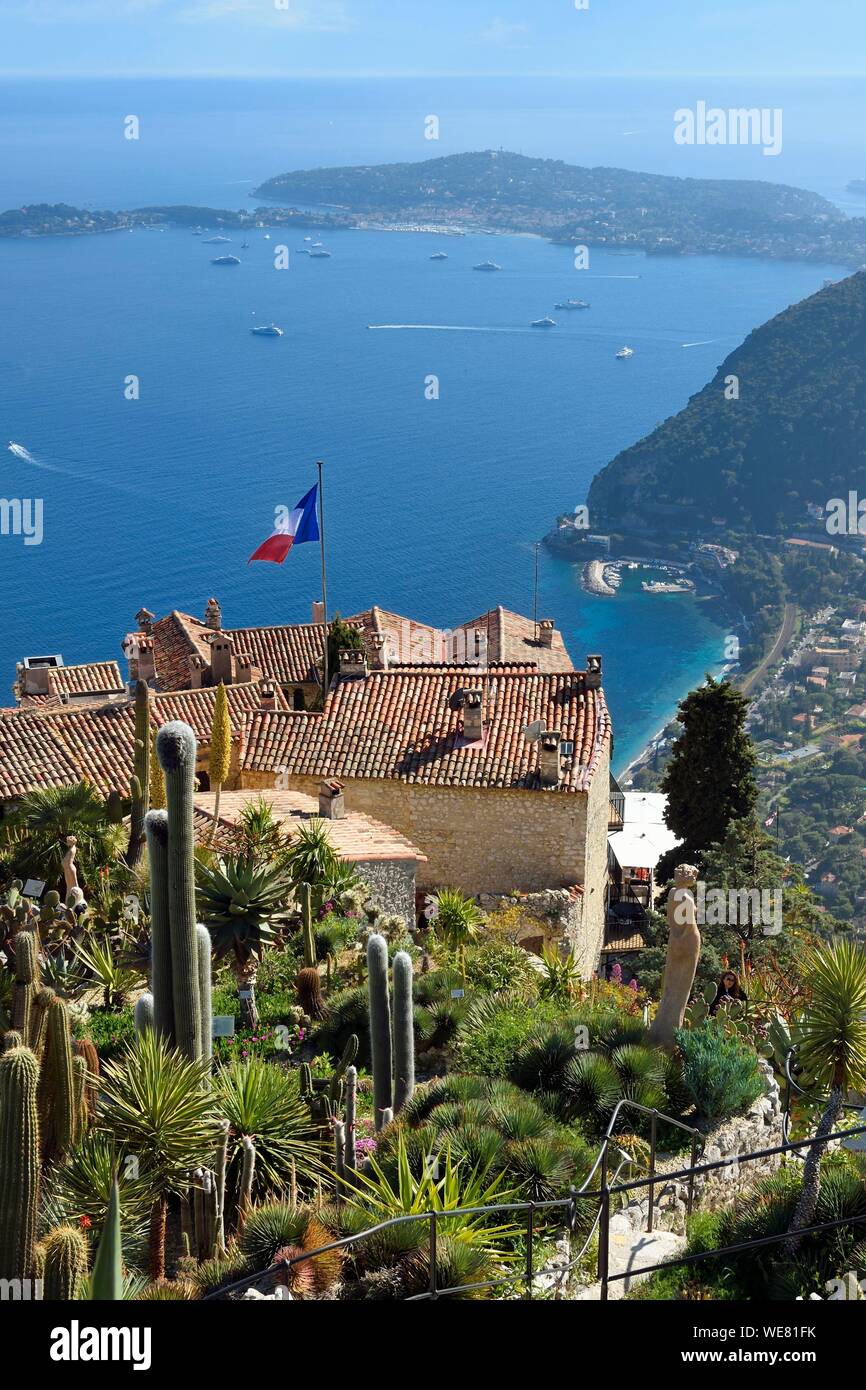 France, Alpes Maritimes, the hilltop village of Eze and its Exotic Garden, Saint Jean Cap Ferrat in the background Stock Photo