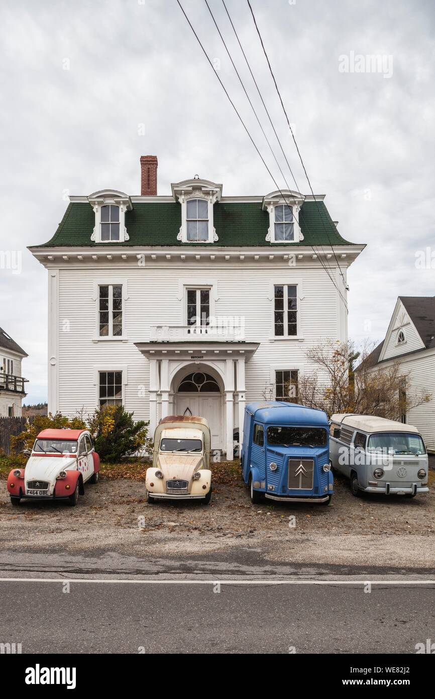 United States, Maine, Deer Isle, antique French cars with antique VW