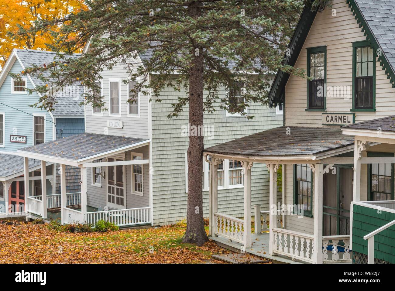 United States, Maine, Bayside, Bayview Cottages, oceanside community of cottages at former religious themed resort, cottage, autumn Stock Photo